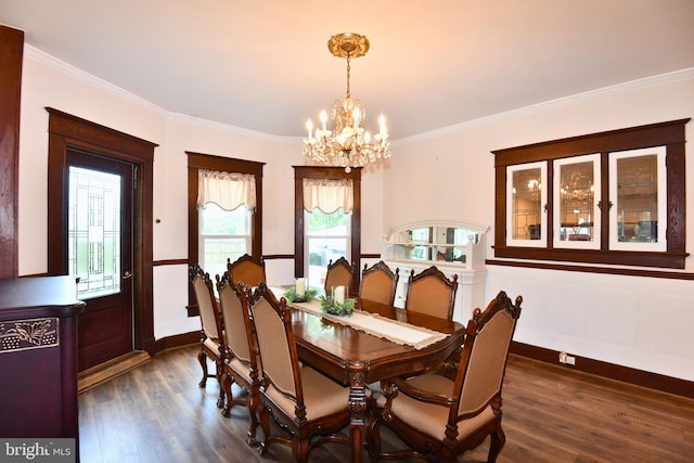 115 S Summit Ave, Woodstock, VA 22664 - dining space with a chandelier, dark wood-style flooring, ornamental molding, and a wainscoted wall