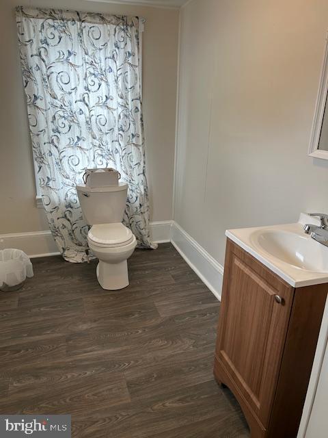 bathroom with vanity, hardwood / wood-style flooring, and toilet