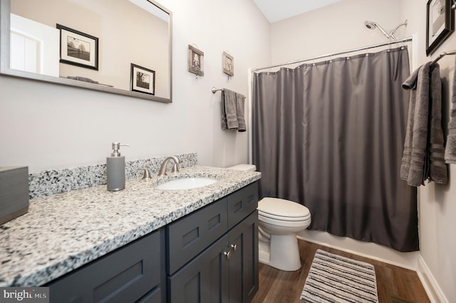 bathroom with vanity, toilet, and wood-type flooring