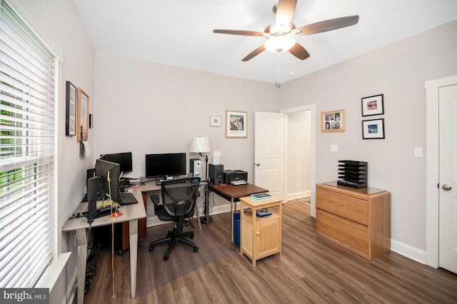 office area with hardwood / wood-style floors and ceiling fan