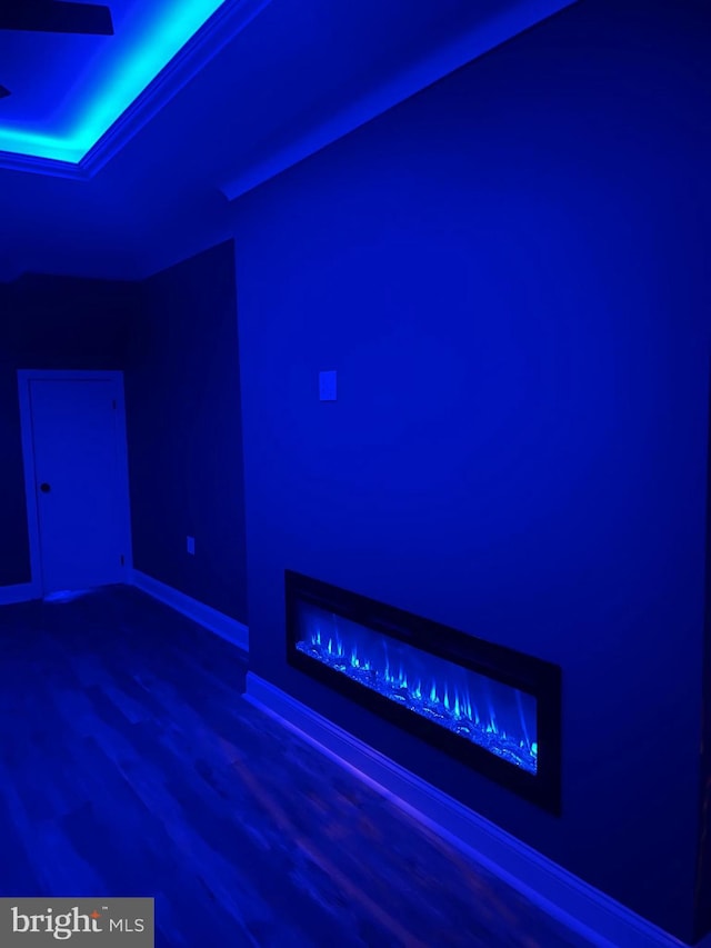 home theater room featuring a raised ceiling, crown molding, and hardwood / wood-style floors