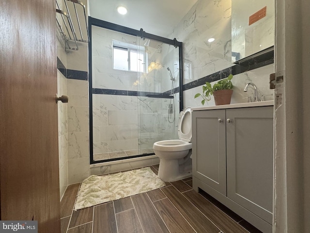 bathroom featuring vanity, toilet, and a shower with door