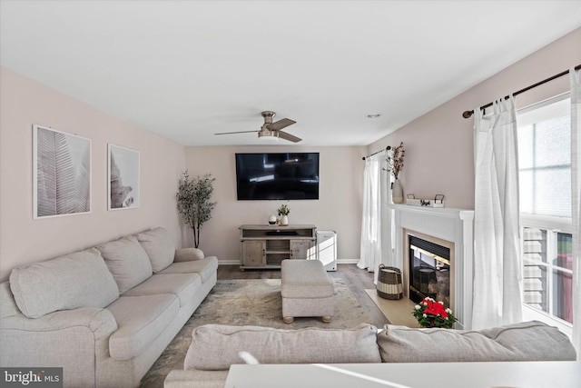 living room with wood-type flooring and ceiling fan