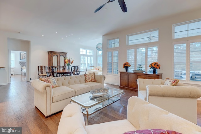 living room featuring ceiling fan and light hardwood / wood-style floors