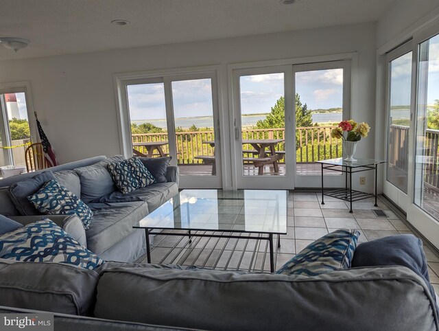 tiled living room featuring a wealth of natural light