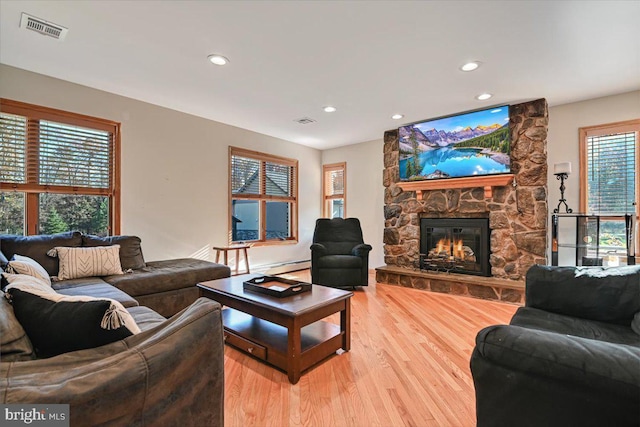 living room with a fireplace and hardwood / wood-style flooring