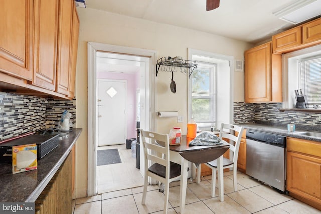 kitchen with dishwasher, sink, ceiling fan, tasteful backsplash, and light tile patterned flooring