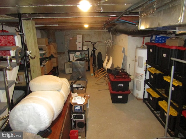 storage area featuring electric panel and water heater