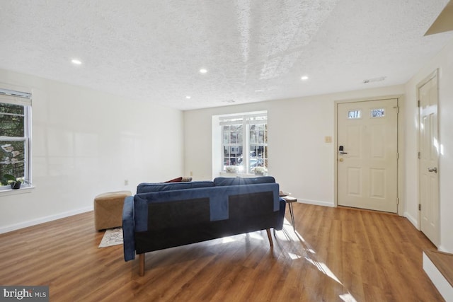 living room with hardwood / wood-style flooring and a textured ceiling