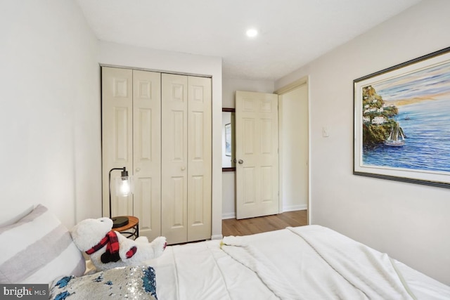 bedroom featuring light hardwood / wood-style floors and a closet