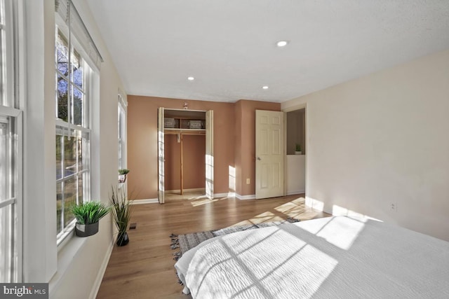 bedroom featuring a spacious closet, a closet, light hardwood / wood-style flooring, and multiple windows