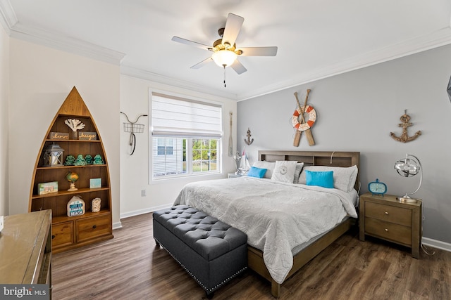 bedroom featuring dark hardwood / wood-style flooring, ceiling fan, and ornamental molding