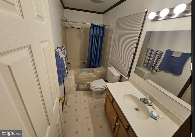 full bathroom featuring vanity, toilet, shower / bathtub combination with curtain, and ornamental molding