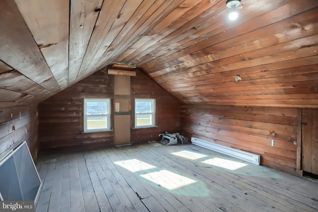 bonus room with lofted ceiling, hardwood / wood-style flooring, wooden walls, and wood ceiling