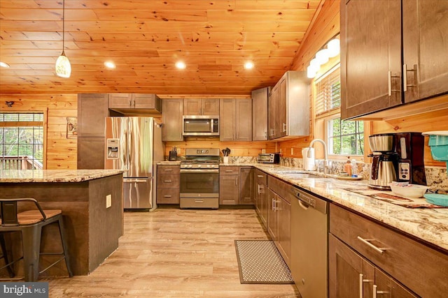 kitchen with wooden ceiling, sink, decorative light fixtures, light hardwood / wood-style floors, and stainless steel appliances