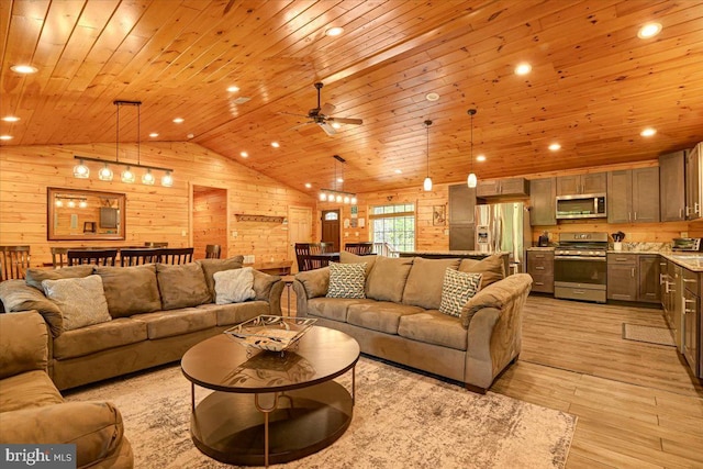 living room featuring wood walls, wooden ceiling, and light hardwood / wood-style flooring