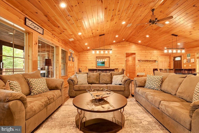 living room with light colored carpet, vaulted ceiling, and wood ceiling