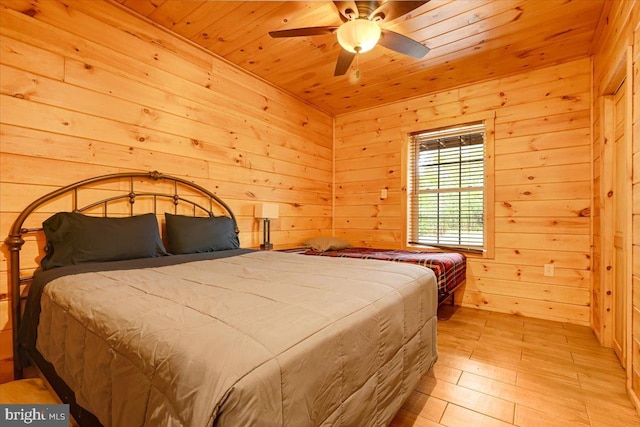 bedroom featuring ceiling fan, light hardwood / wood-style floors, wood ceiling, and wood walls