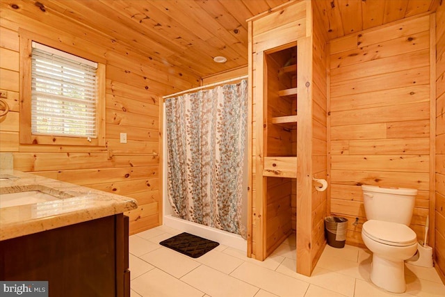 bathroom with vanity, tile patterned floors, wood ceiling, and wood walls