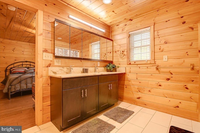 bathroom with wood walls, tile patterned flooring, vanity, and wood ceiling