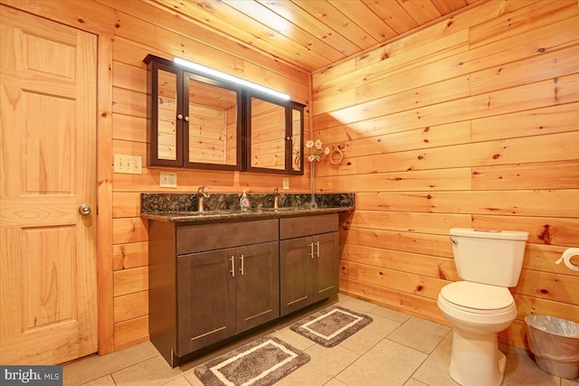 bathroom featuring vanity, tile patterned floors, wooden walls, and wood ceiling