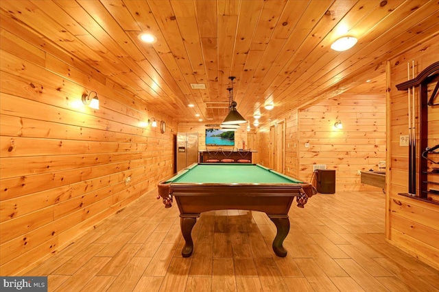 game room with wooden walls, wooden ceiling, light hardwood / wood-style floors, and pool table