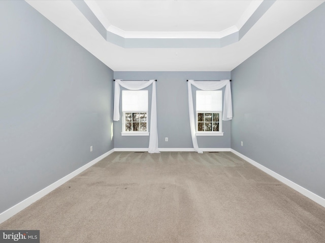 carpeted empty room featuring a tray ceiling, crown molding, and a healthy amount of sunlight