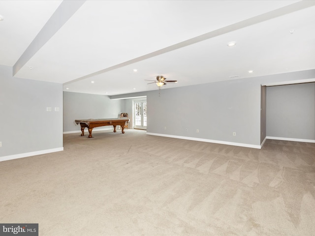 rec room with ceiling fan, light carpet, and billiards