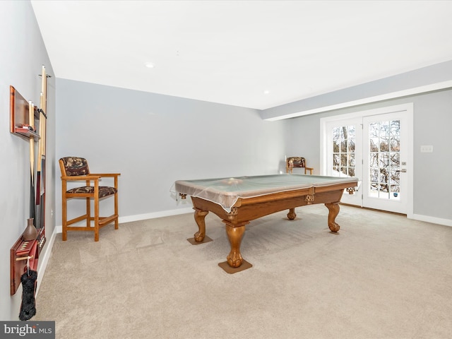 recreation room with light carpet and billiards