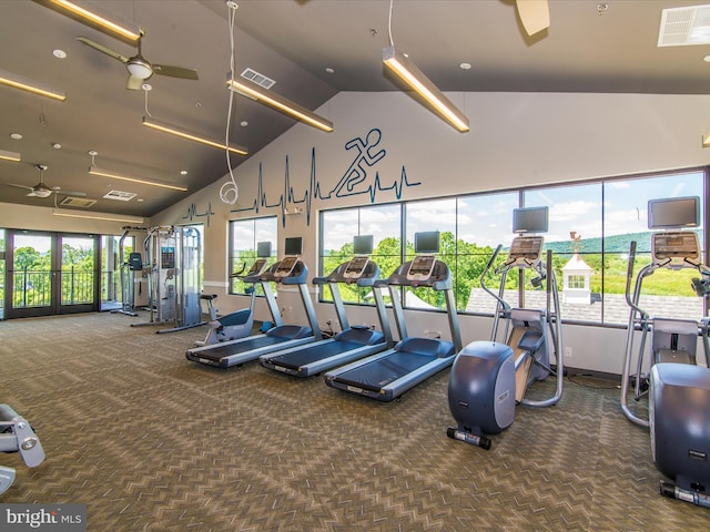 workout area featuring carpet floors, ceiling fan, and lofted ceiling