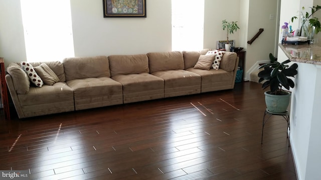 living room with dark hardwood / wood-style floors