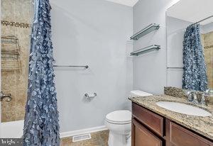 bathroom with vanity, toilet, and walk in shower