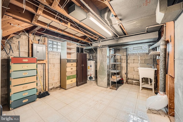 basement featuring sink, electric panel, and water heater