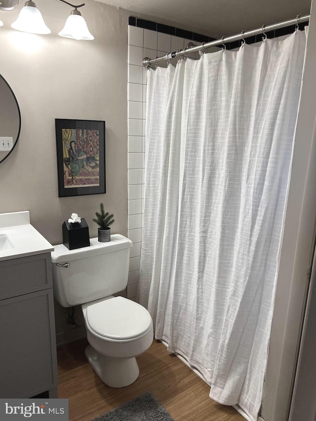 bathroom featuring vanity, wood-type flooring, and toilet