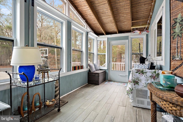 sunroom with lofted ceiling with beams and wooden ceiling