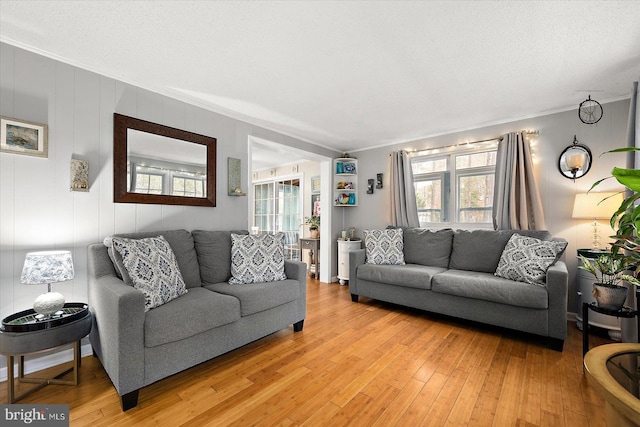 living room featuring a textured ceiling, wood-type flooring, and crown molding