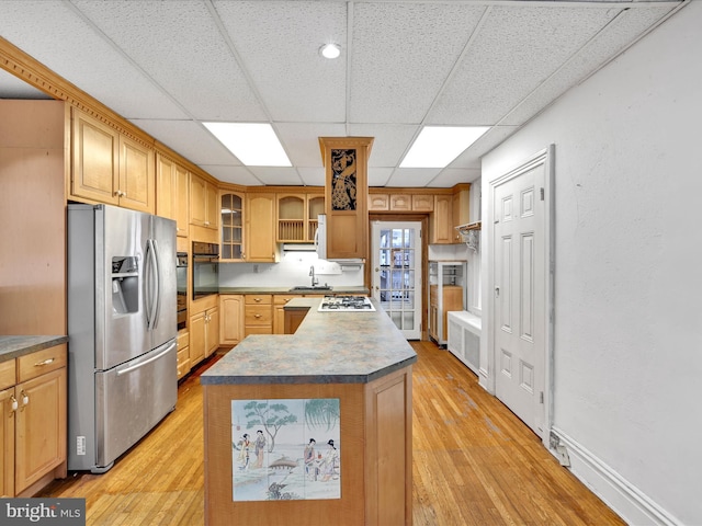 kitchen with a drop ceiling, a center island, light hardwood / wood-style floors, and appliances with stainless steel finishes