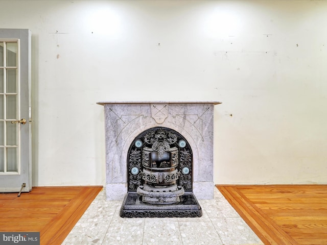 interior details featuring a wood stove