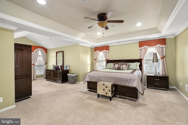 bedroom featuring light carpet, multiple windows, ornamental molding, and ceiling fan