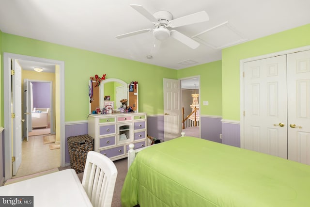 bedroom featuring carpet floors, a closet, and ceiling fan