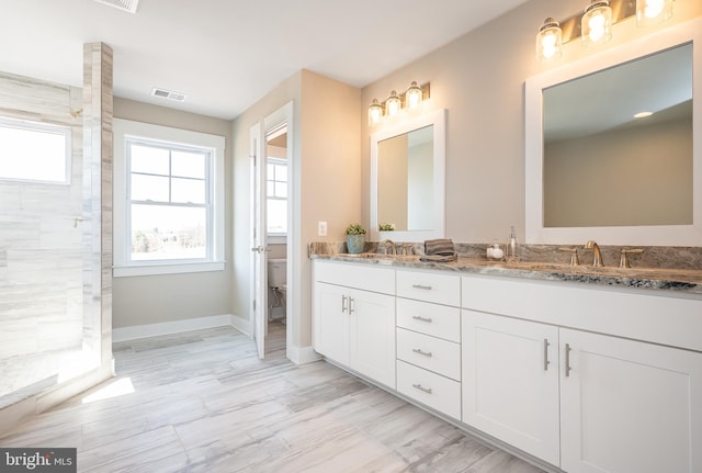 bathroom featuring vanity, plenty of natural light, toilet, and tiled shower