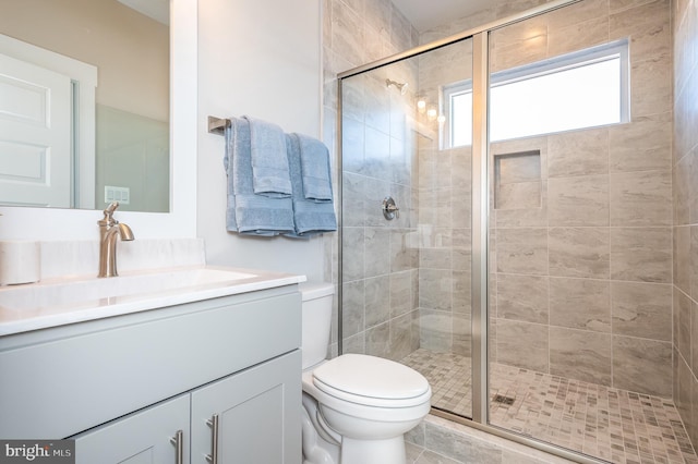 bathroom featuring vanity, an enclosed shower, and toilet