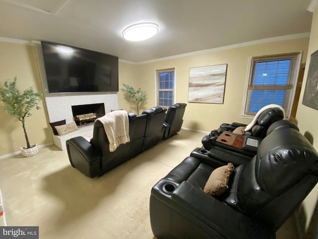 carpeted living room with a fireplace and crown molding