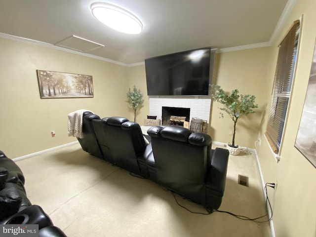 home theater featuring crown molding, a fireplace, and light carpet