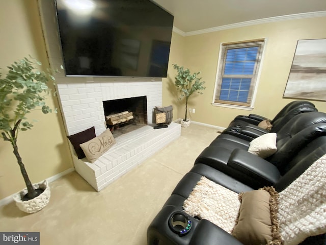 carpeted living room featuring a fireplace and ornamental molding