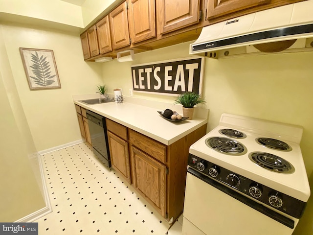 kitchen featuring white electric range oven, sink, and black dishwasher