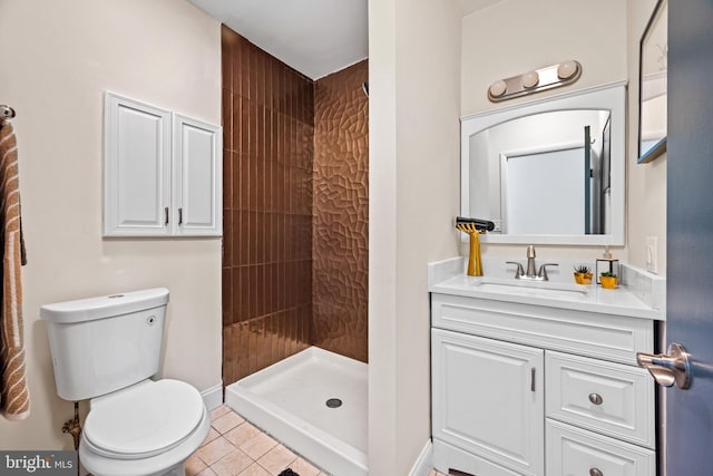 bathroom featuring tile patterned floors, toilet, a shower, and vanity