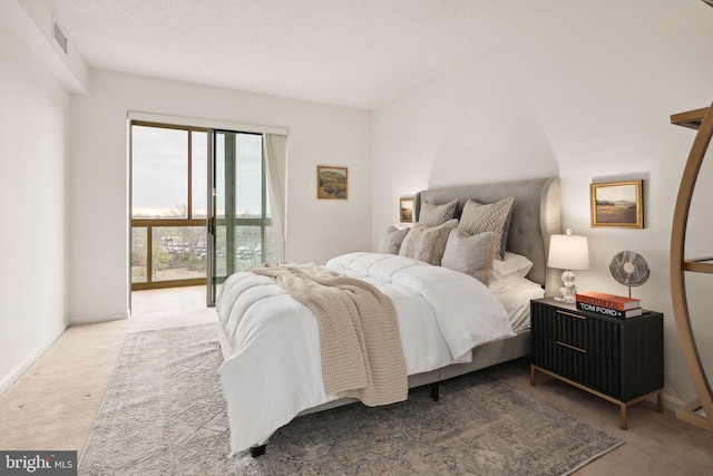 bedroom with a textured ceiling, light carpet, and access to outside