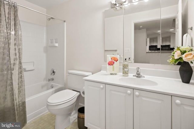 full bathroom with vanity, toilet, and shower / tub combo with curtain