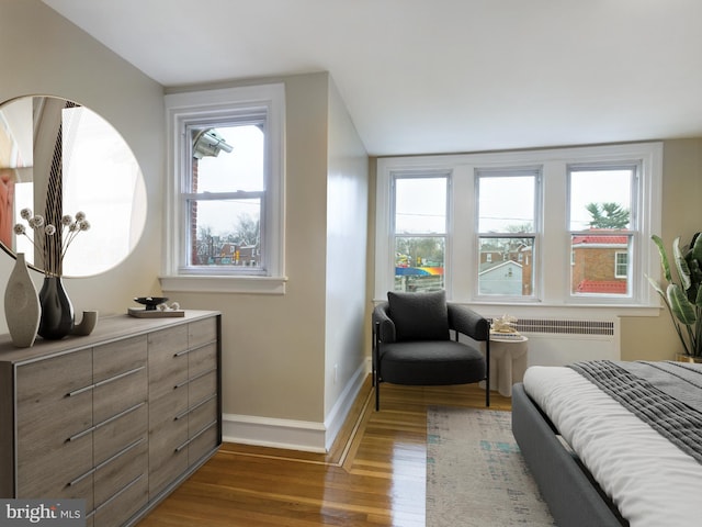 bedroom with dark hardwood / wood-style flooring and multiple windows